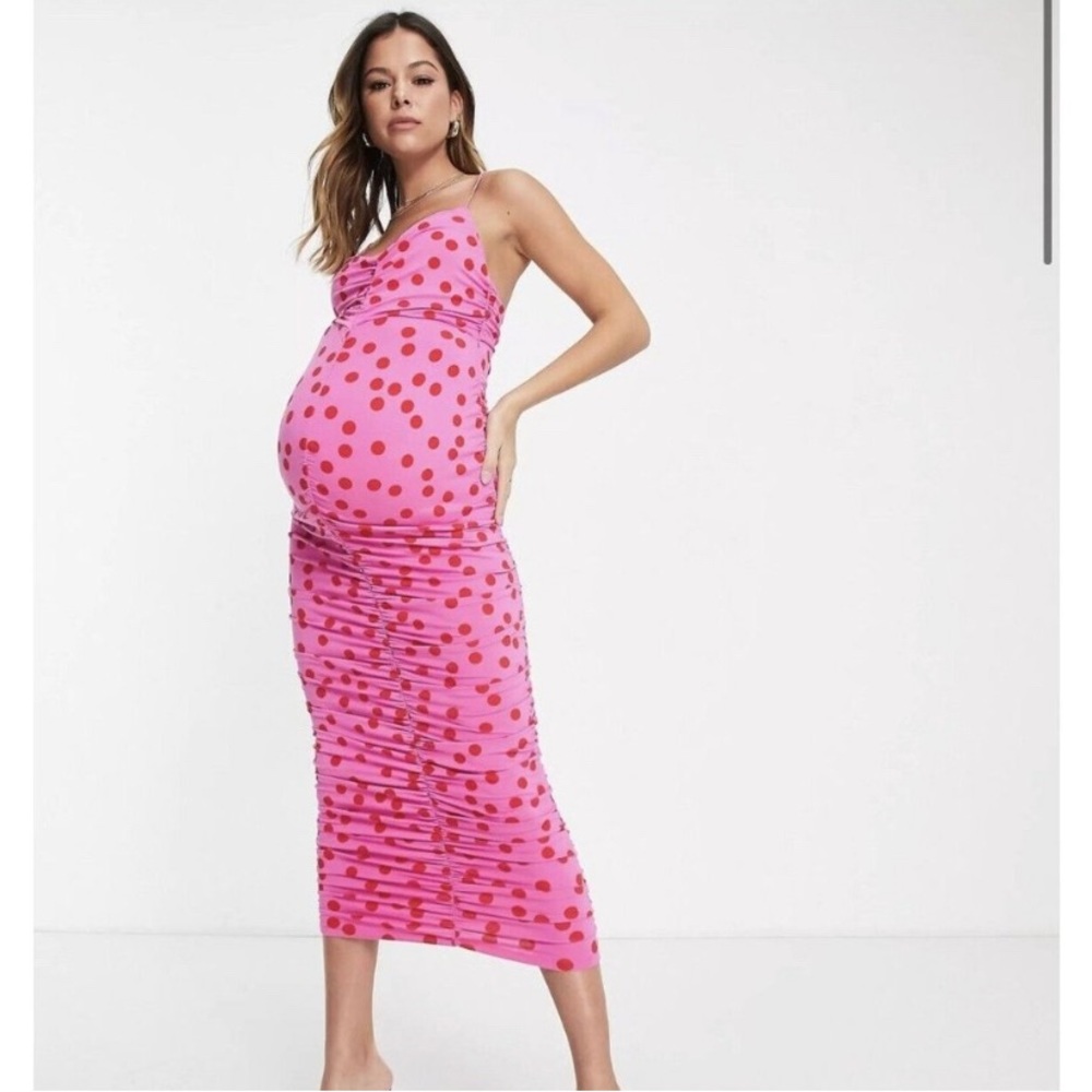 ASOS Design Maternity Cami Strappy Midi Dress Ruched/ Pink Red Polka Dot 16